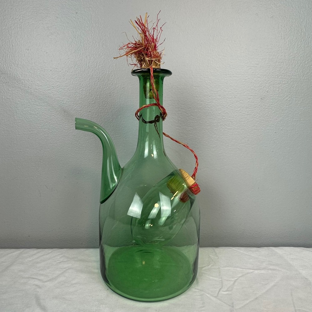 MCM Wine Decanter 13" Green Glass Porron Ice Chamber Vintage Spout